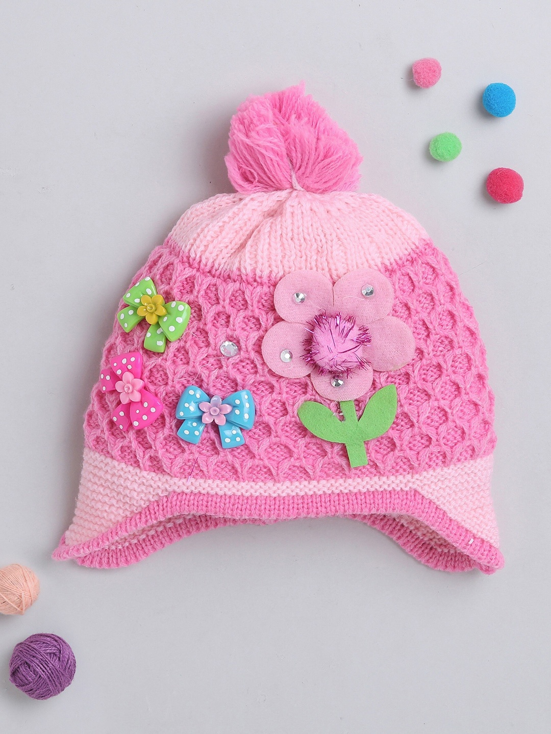 

The Magic Wand Kids Self Design Beads Wool Beanie, Pink