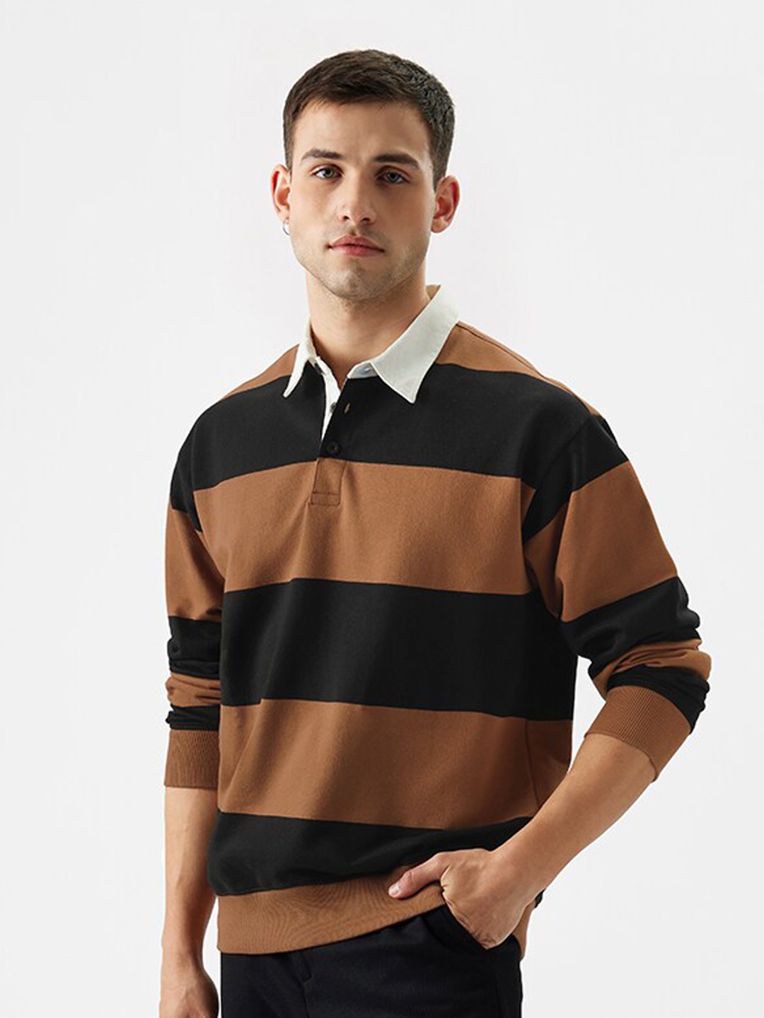 

The Souled Store Striped Polo Collar Pullover, Black