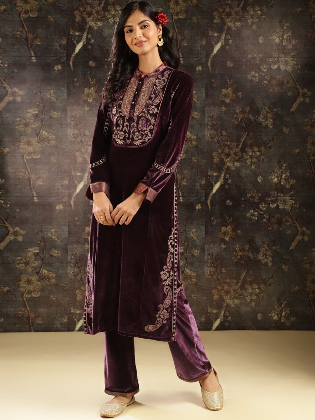 

Lakshita Ethnic Motifs Yoke Design Zardozi Velvet Kurta With Trousers, Purple