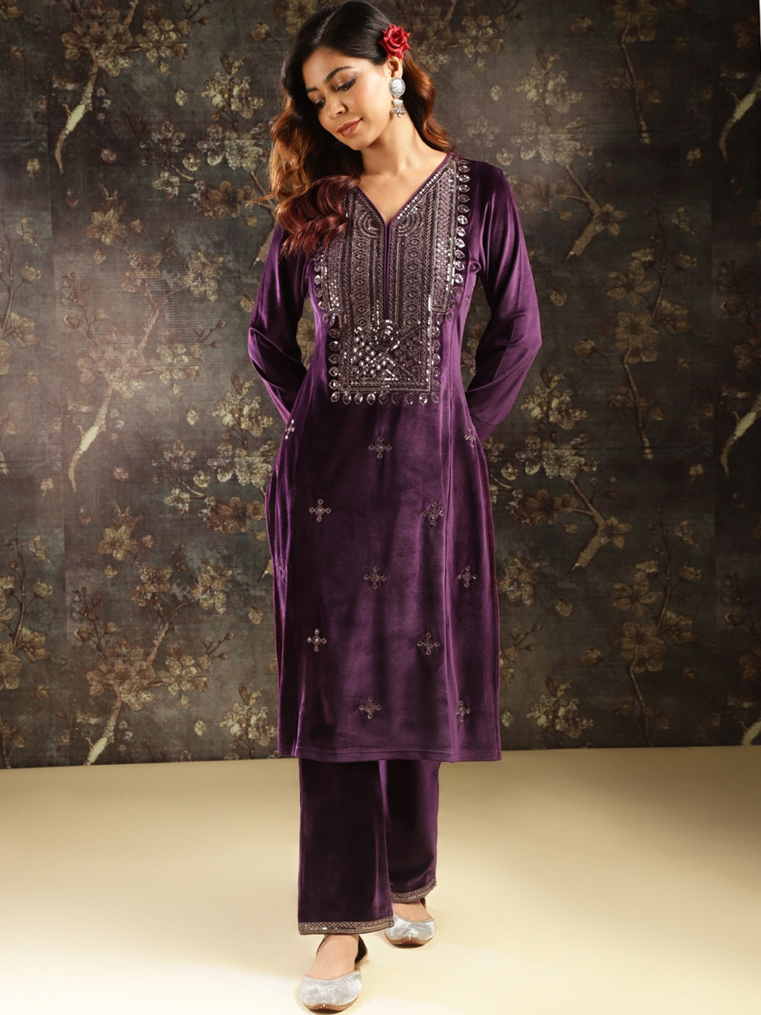 

Lakshita Ethnic Motifs Embroidered Zardozi Velvet Kurta With Trousers, Purple