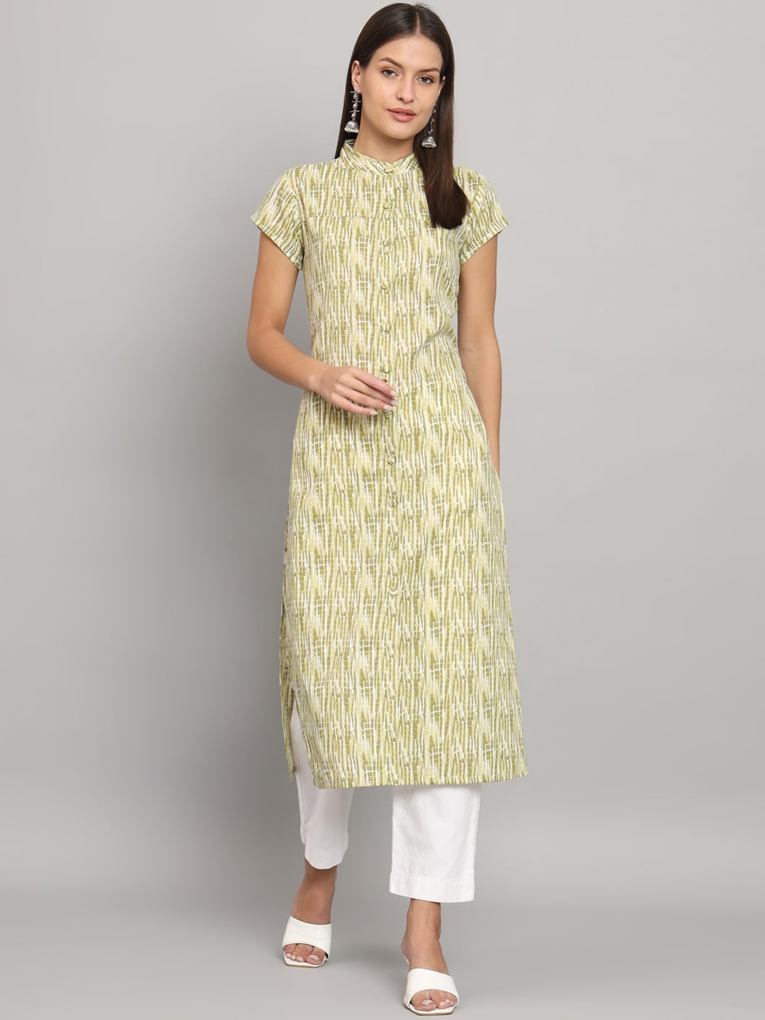 

HELLO DESIGN Mandarin Collar Abstract Printed Kurta, Green