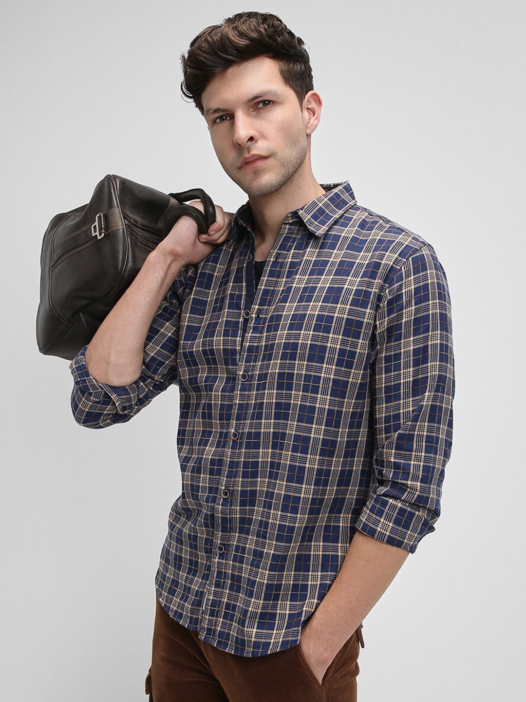 

Dennis Lingo Slim Fit Tartan Checks Opaque Checked Cotton Casual Shirt, Navy blue