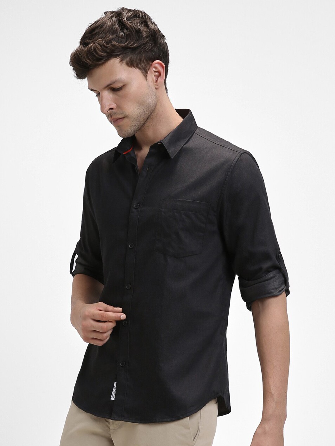 

Dennis Lingo Slim Fit Spread Collar Roll-Up Sleeves Casual Shirt, Black