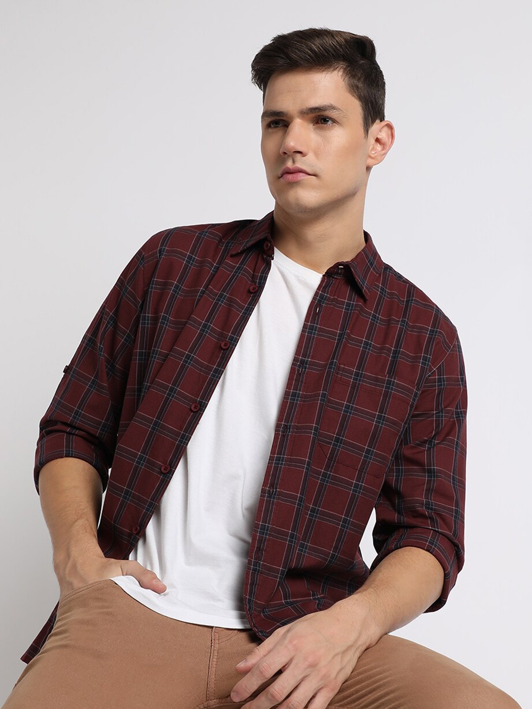 

Dennis Lingo Slim Fit Tartan Checked Pure Cotton Casual Shirt, Maroon