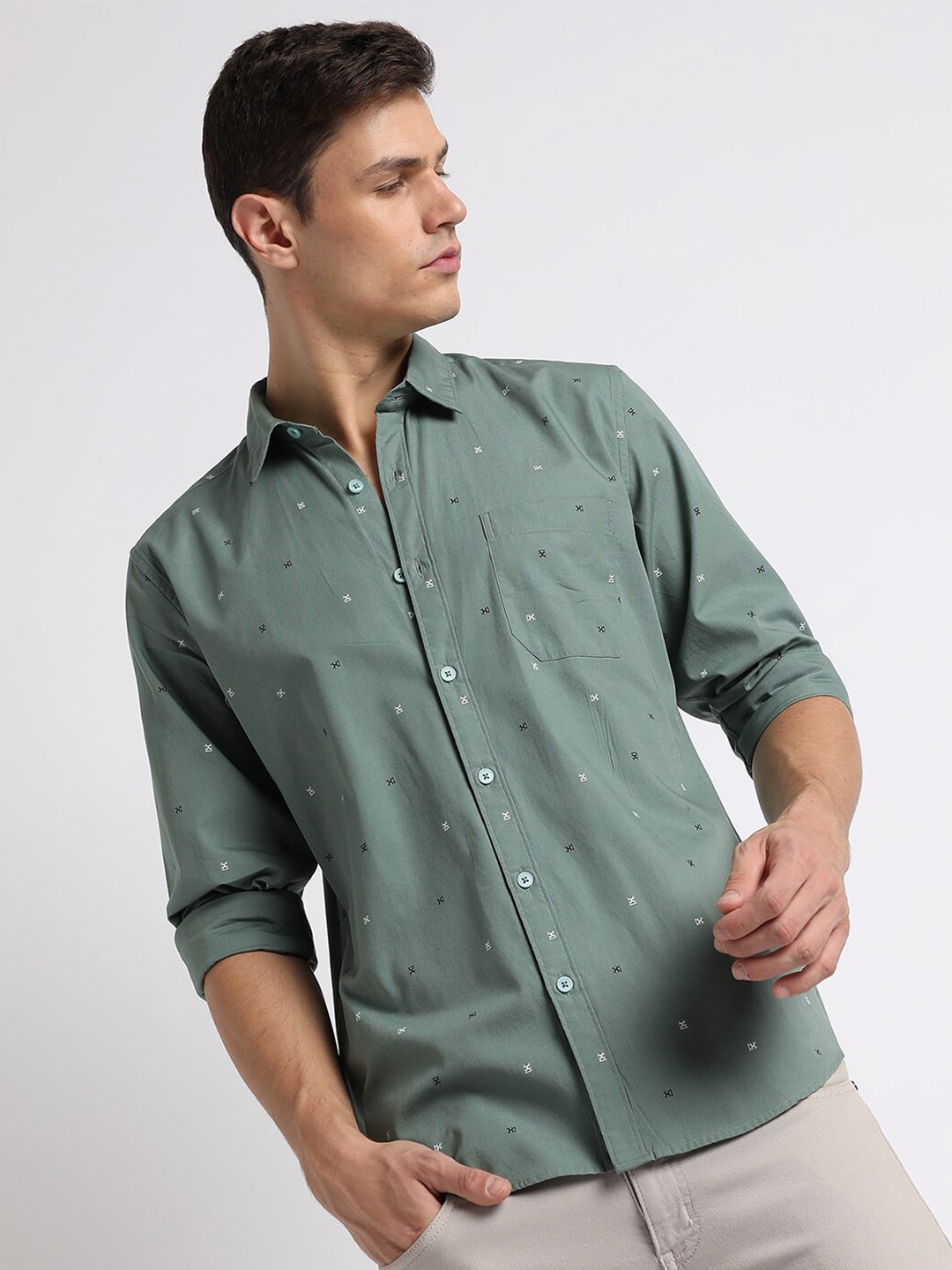 

Dennis Lingo Slim Fit Micro Ditsy Printed Pure Cotton Casual Shirt, Teal