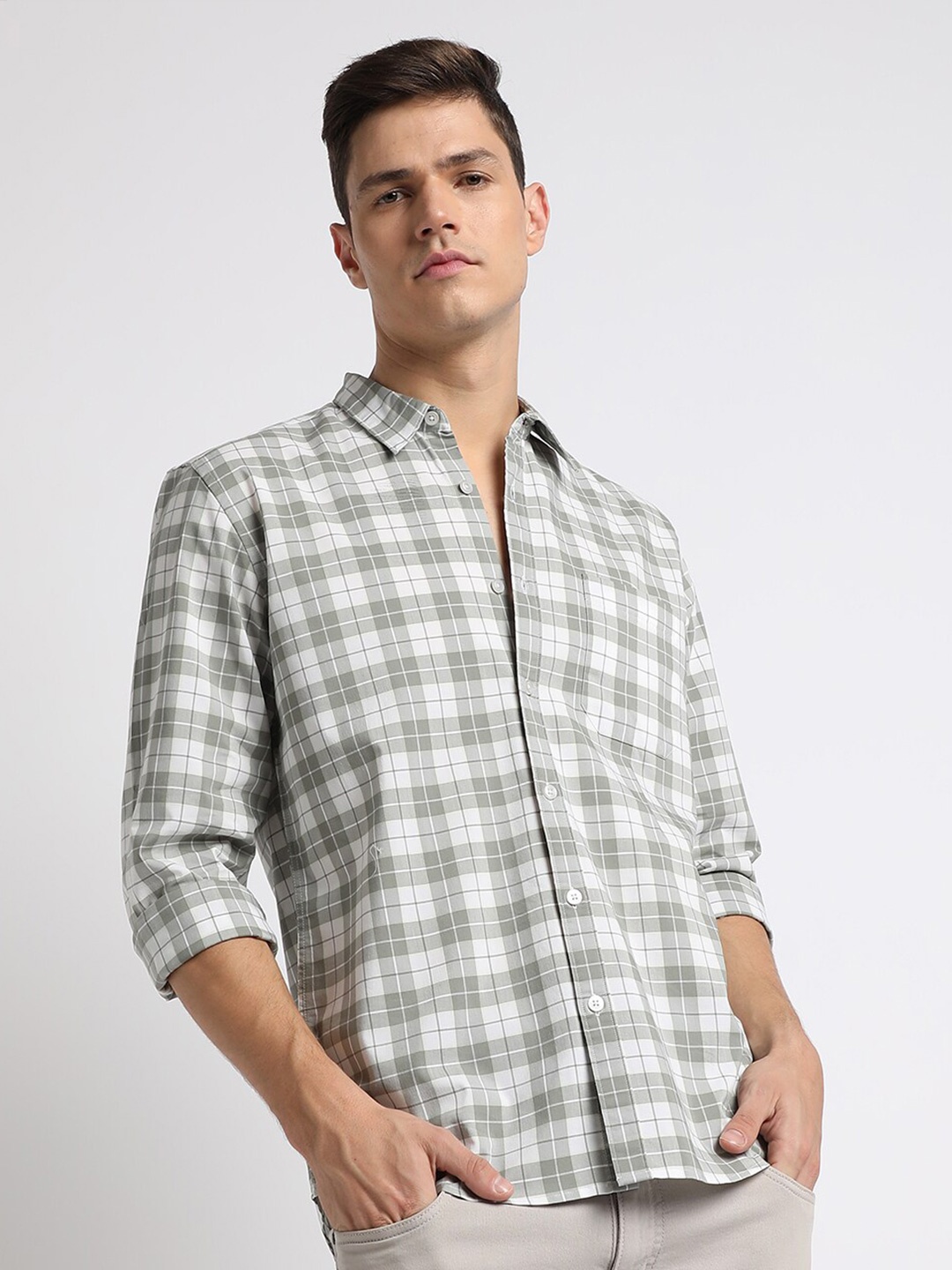 

Dennis Lingo Slim Fit Checked Spread Collar Pure Cotton Casual Shirt, Olive