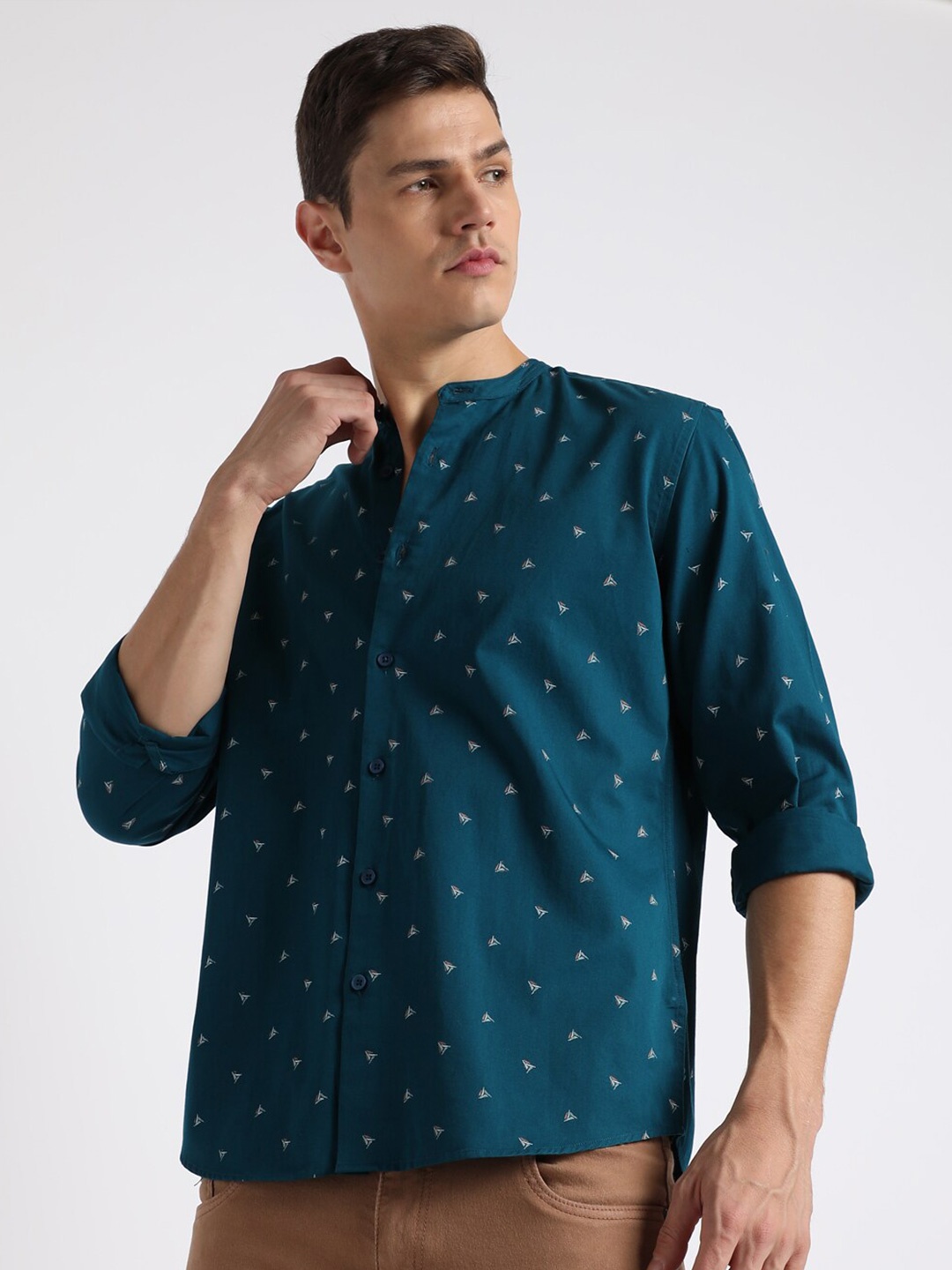 

Dennis Lingo Slim Fit Geometric Printed Pure Cotton Casual Shirt, Teal