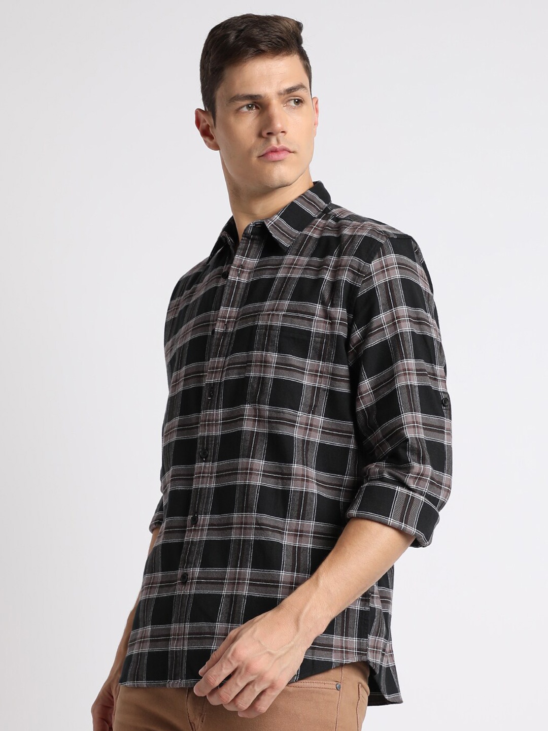 

Dennis Lingo Slim Fit Tartan Checked Pure Cotton Casual Shirt, Black