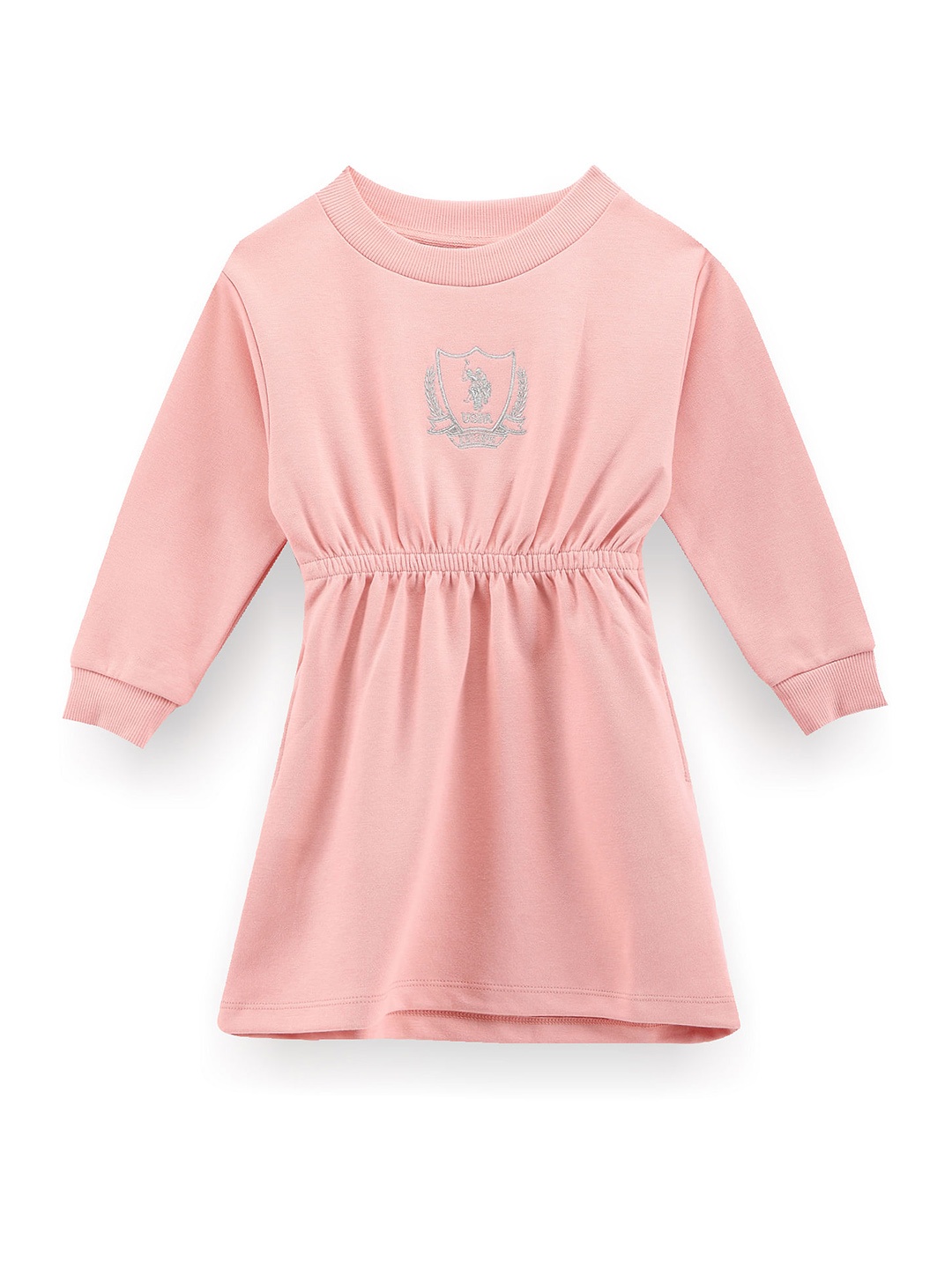 

U.S. Polo Assn. Kids Girls Embroidered Detail Round Neck Gathered Fit & Flare Dress, Pink