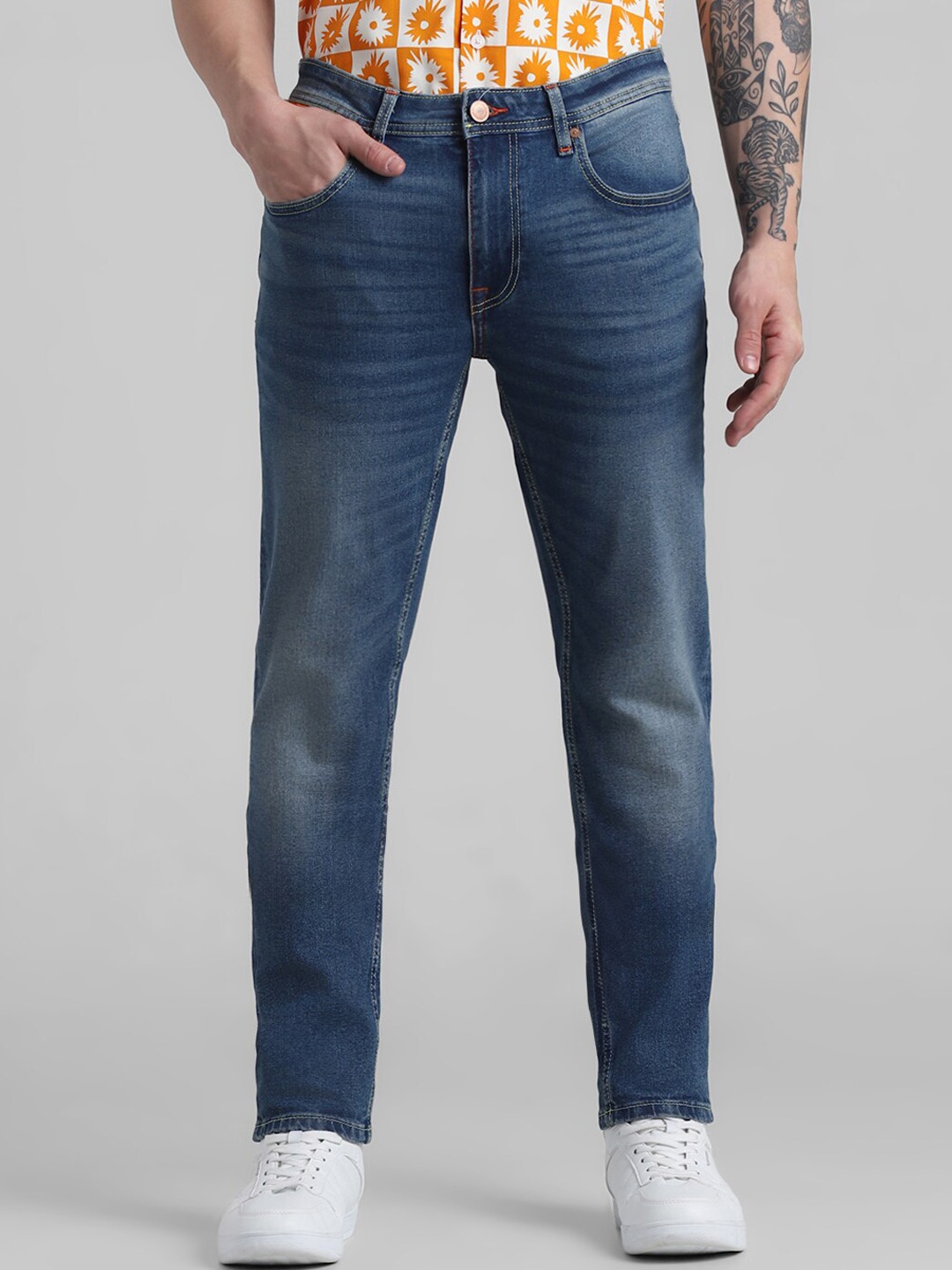 

Jack & Jones Men Ben Skinny Fit Low-Rise Heavy Fade Clean Look Stretchable Jeans, Blue