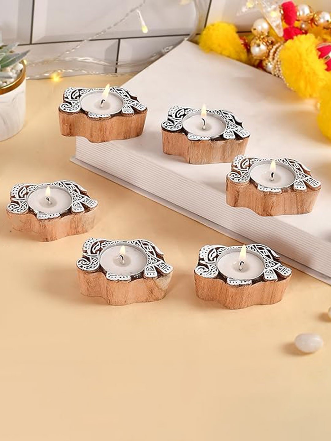 

COOPTIC 6 Pcs Brown Wooden Elephant Scented Diya