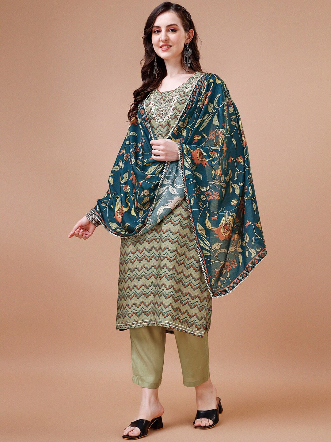 

Seerat Chevron Printed Regular Beads and Stones Silk Chiffon Kurta With Trousers & Dupatta, Olive