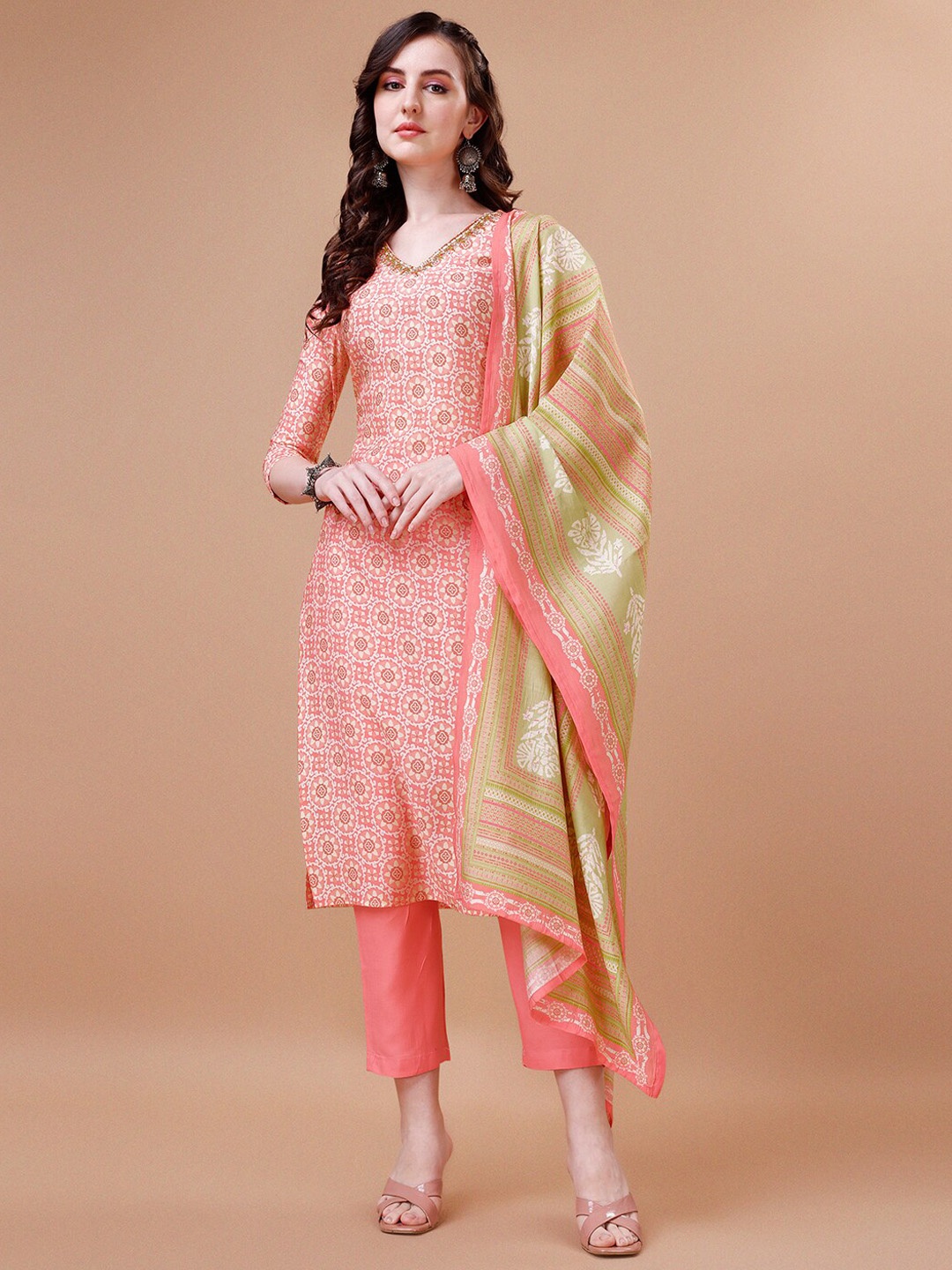 

Seerat Ethnic Motif Printed Regular Pure Cotton Straight Kurta & Trousers With Dupatta, Peach