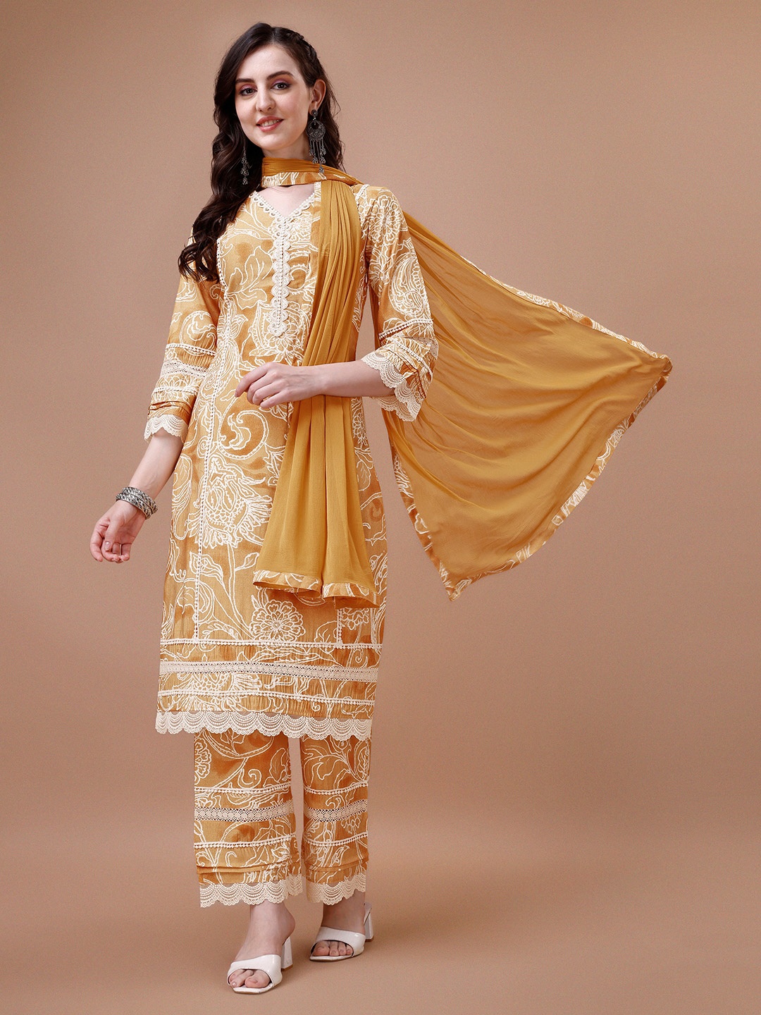 

Seerat Floral Printed Thread Work Pure Cotton Kurta With Trousers & Dupatta, Yellow