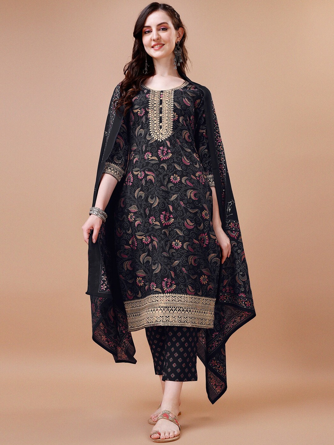 

Seerat Floral Printed Regular Sequinned Pure Cotton Kurta With Trousers & Dupatta, Black