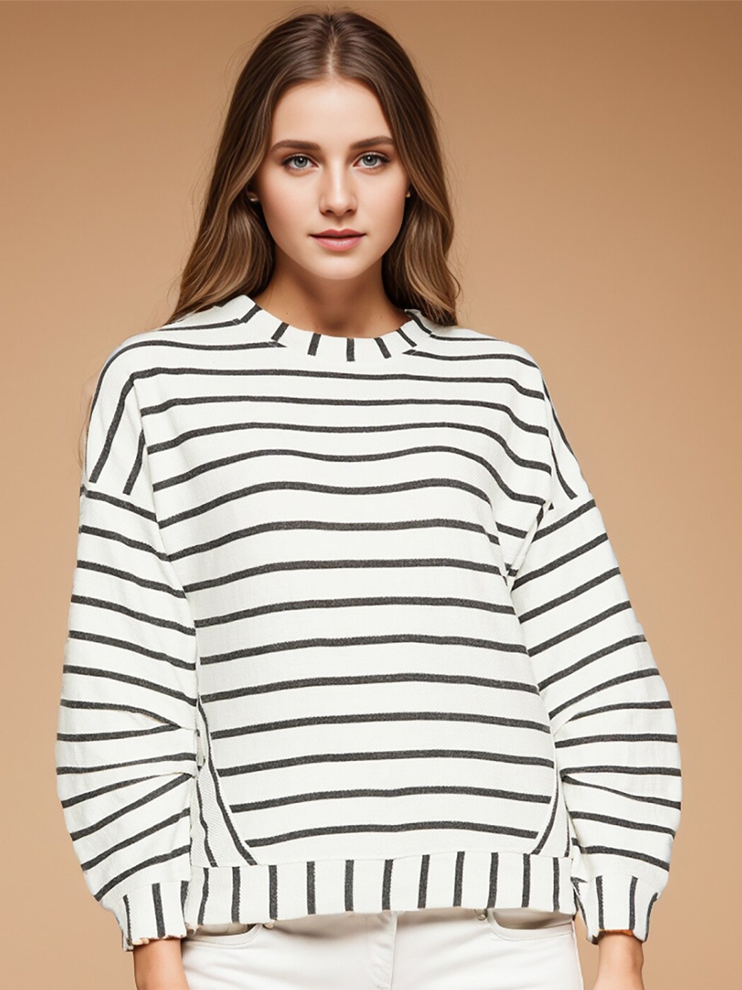 

RARE Off White Striped Cotton Pullover Sweatshirt