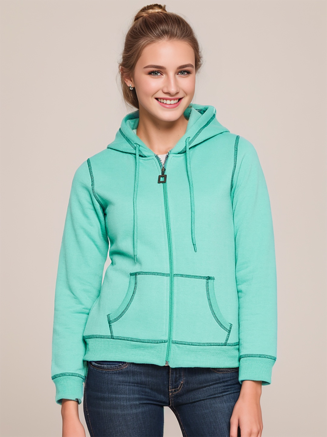 

RARE Hooded Fleece Front-Open Sweatshirt, Green
