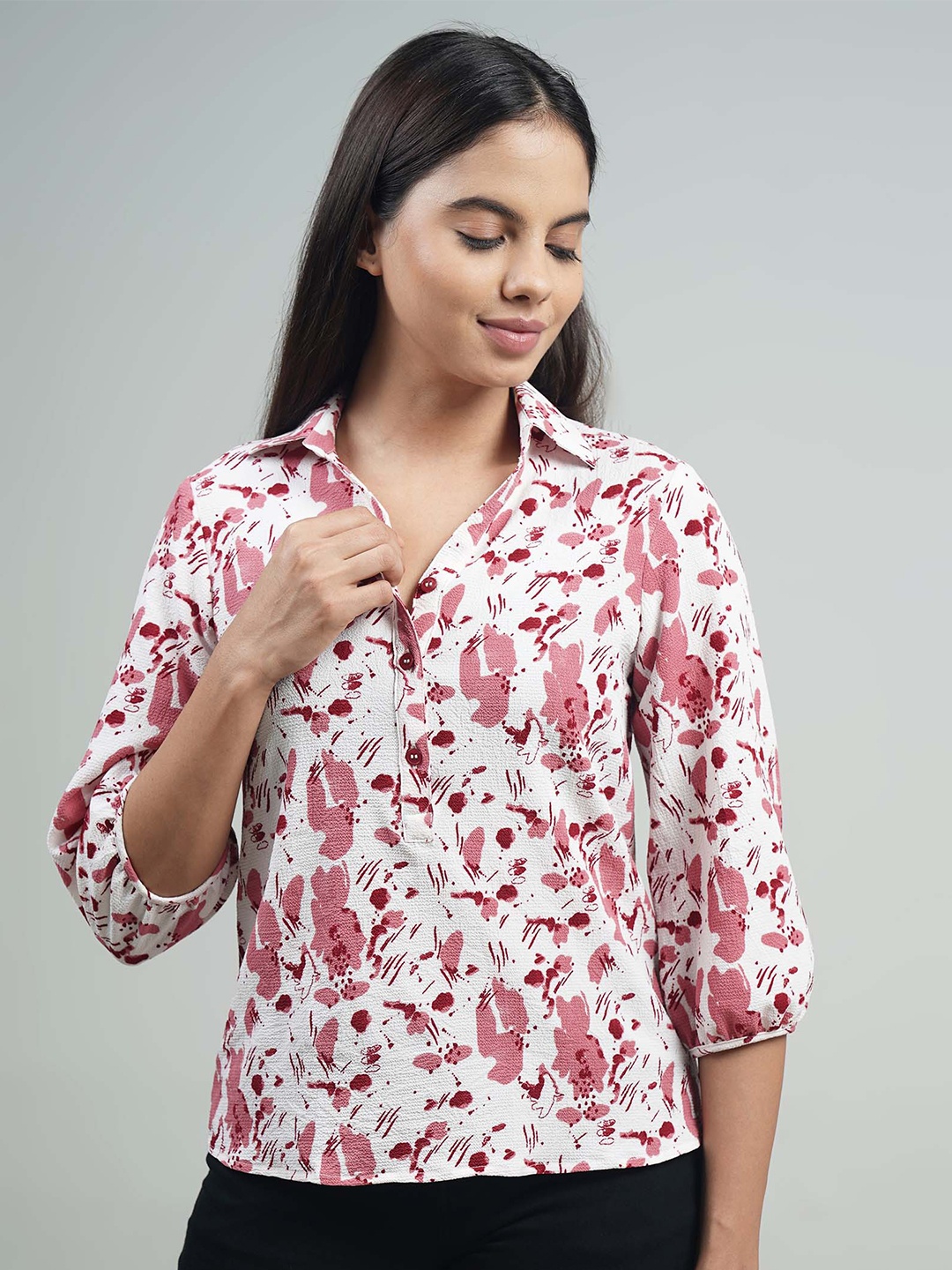 

IDK Abstract Printed Puff Sleeves Shirt Style Top, White