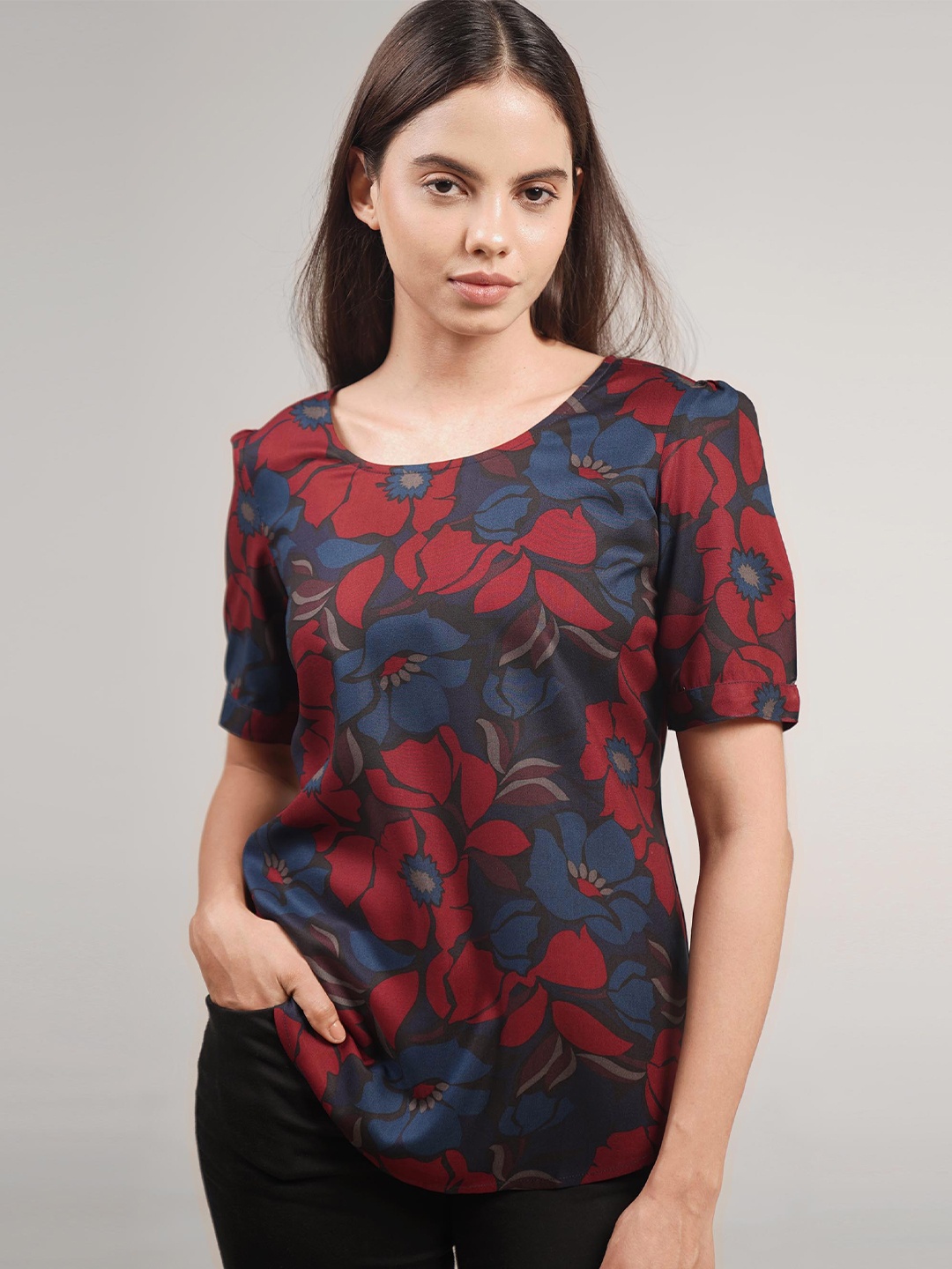 

IDK Floral Printed Puff Sleeves Blouson Top, Red