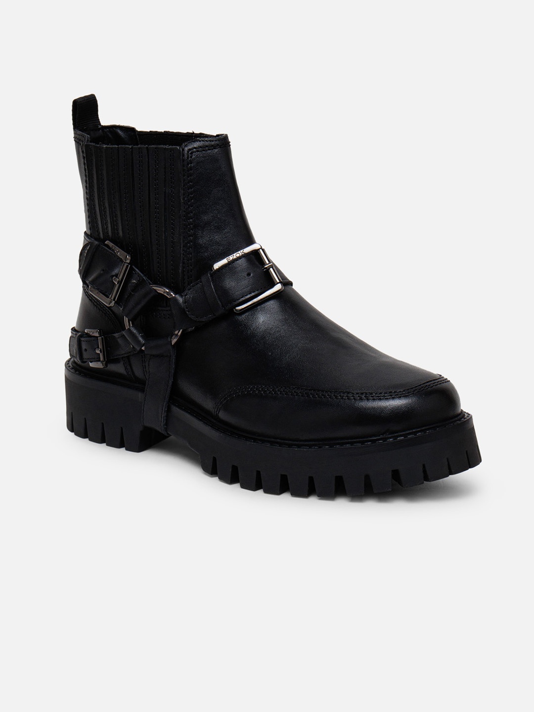 

EZOK Men Buckle Detail Leather Mid-Top Regular Boots, Black