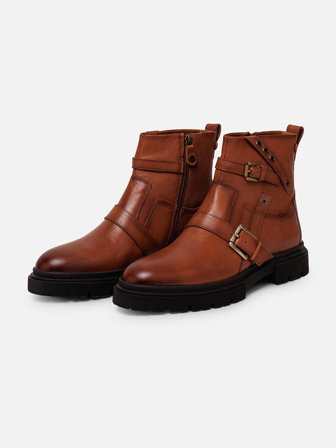 

EZOK Men Mid Top Leather Regular Boots With Buckle Detail, Tan