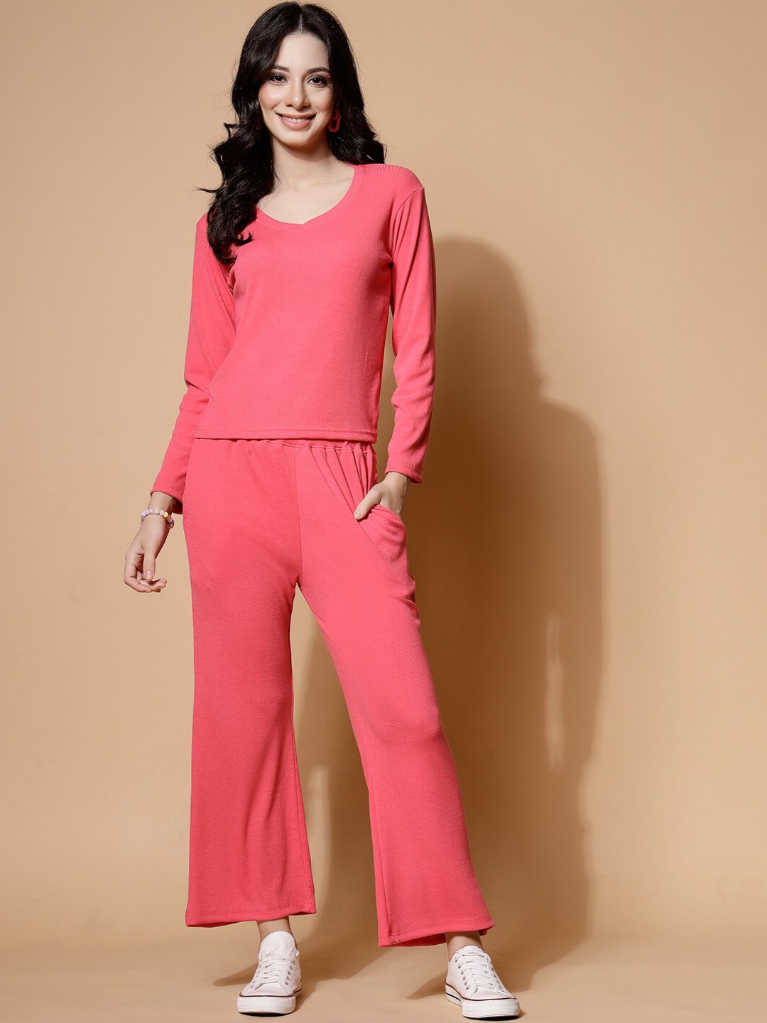 

HILL STREET Pure Cotton Ribbed T-Shirt With Track Pant, Pink