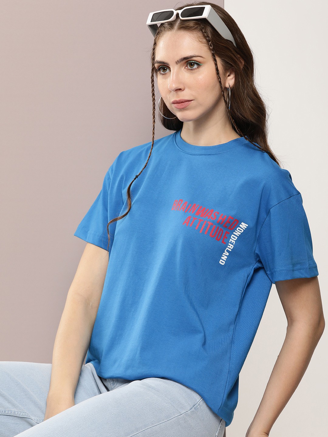 

Kook N Keech Typography Printed Drop-Shoulder Sleeves Oversized Pure Cotton T-shirt, Blue