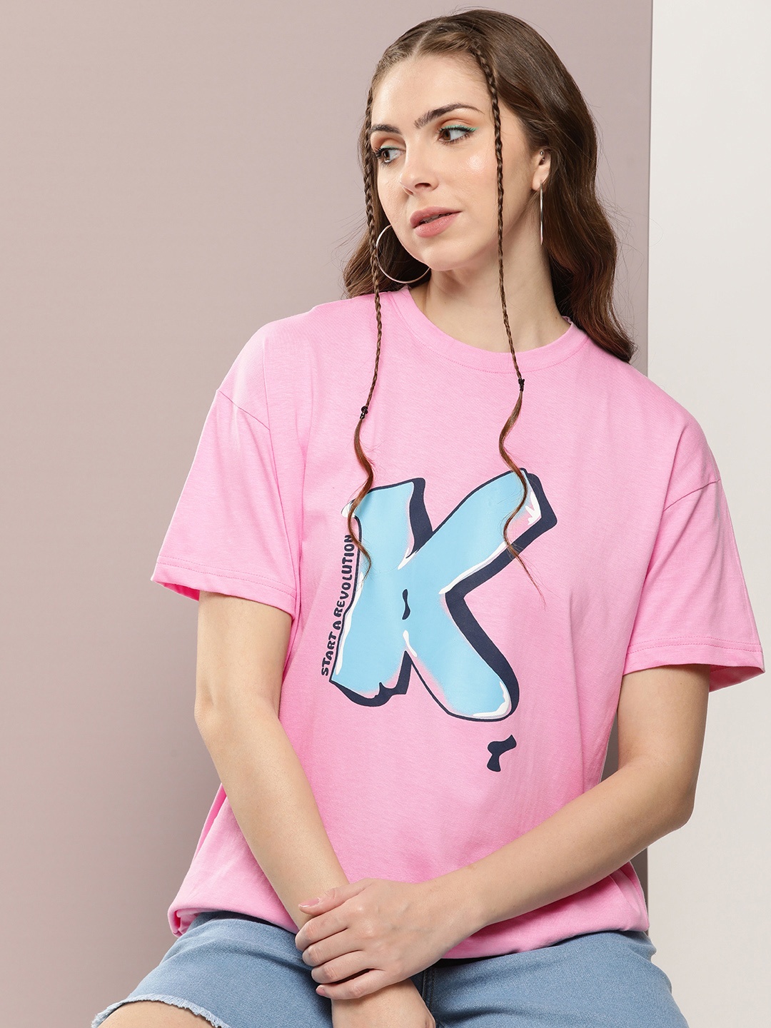 

Kook N Keech Typography Printed Drop-Shoulder Sleeves Oversized Pure Cotton T-shirt, Pink
