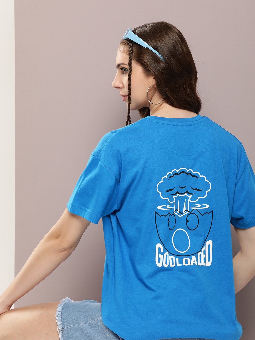 

Kook N Keech Printed Drop-Shoulder Sleeves Oversized Pure Cotton T-shirt, Blue