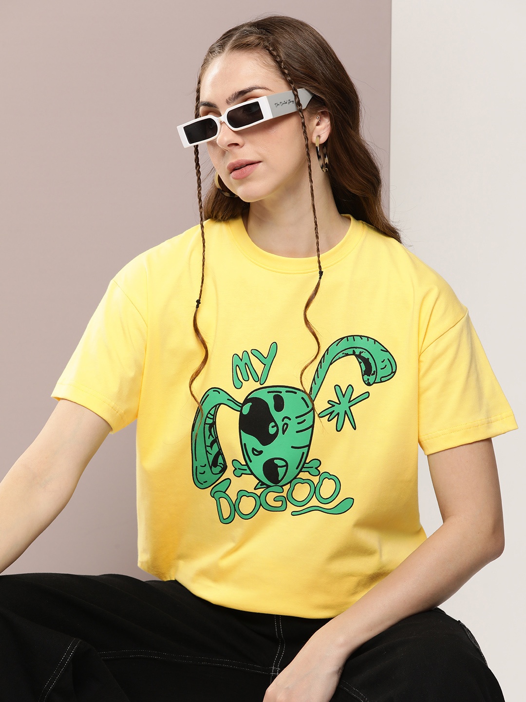 

Kook N Keech Printed Drop-Shoulder Sleeves Oversized Pure Cotton T-shirt, Yellow