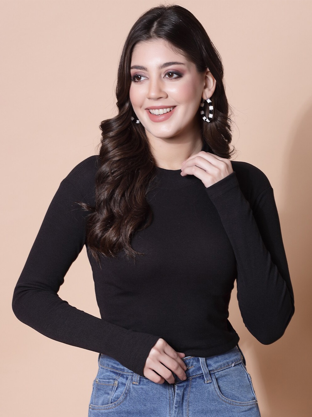 

HILL STREET Round Neck Crop Cotton Casual T-shirt, Black