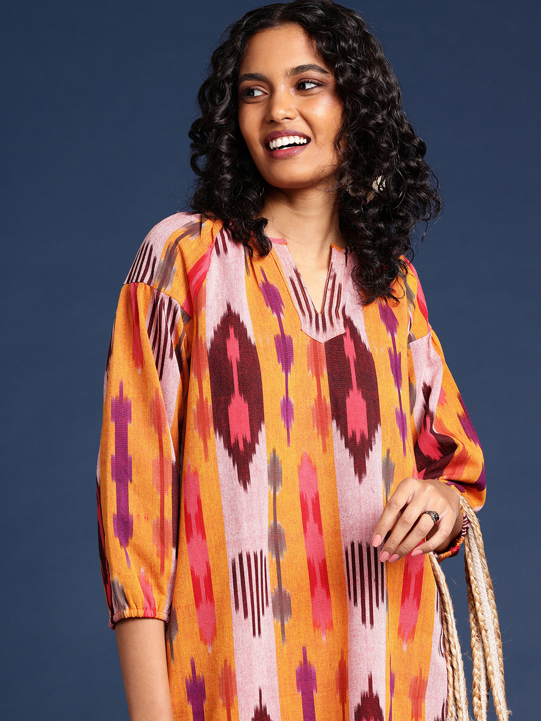 

Taavi Women Ikat Printed Mandarin-Collar A-Line Kurta, Mustard