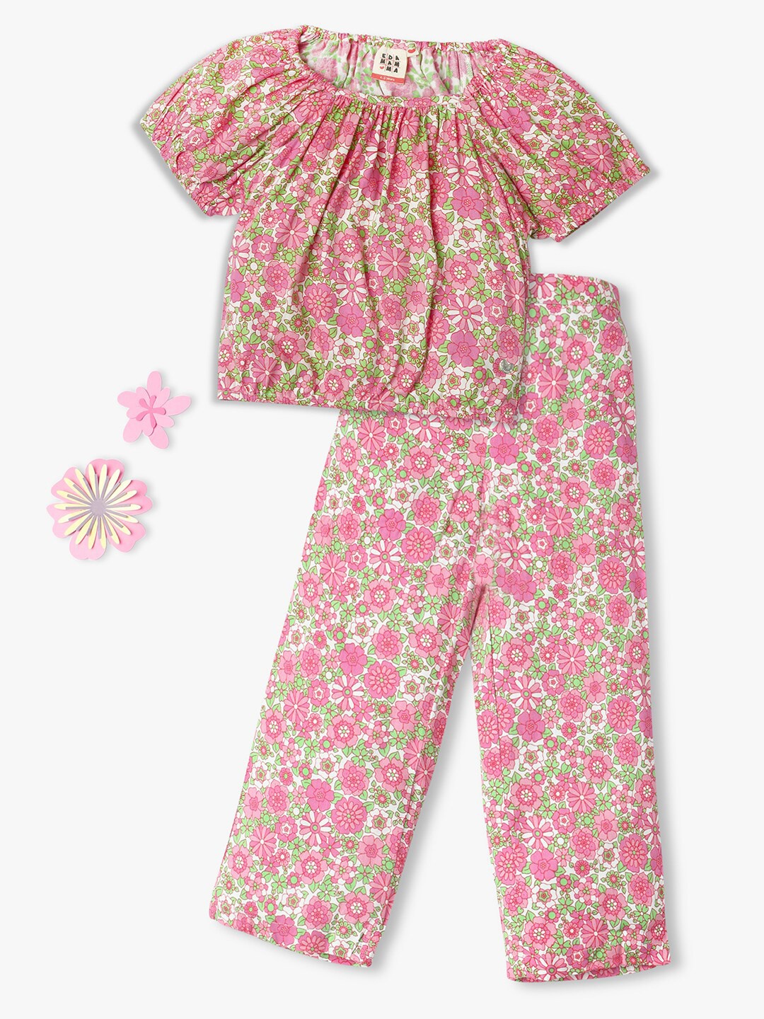 

Ed-a-Mamma Girls Floral Printed Pure Cotton Top With Trousers, Green