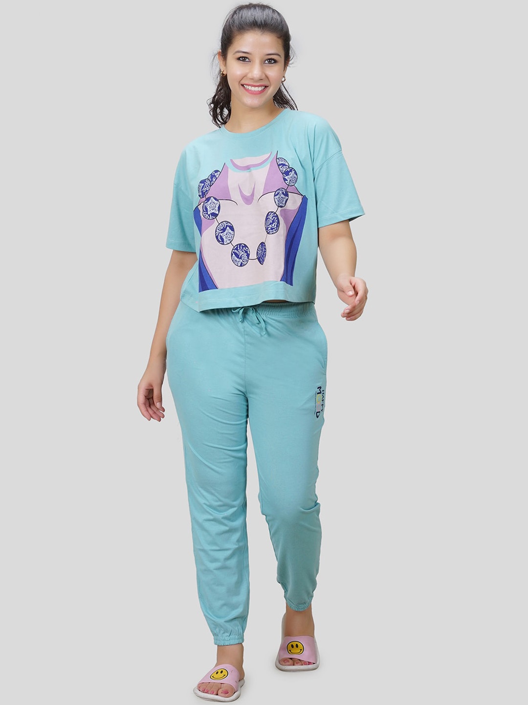 

She N She Graphic Printed Round Neck Hosiery Night suit, Sea green