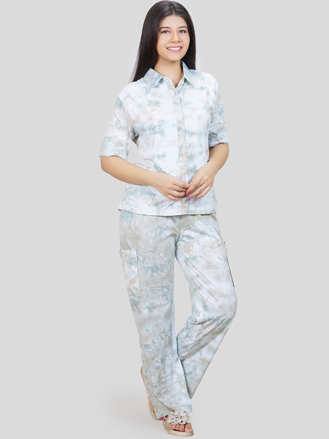 

She N She Abstract Printed Shirt Collar Oversized Shirt & Trousers Co-Ords, White