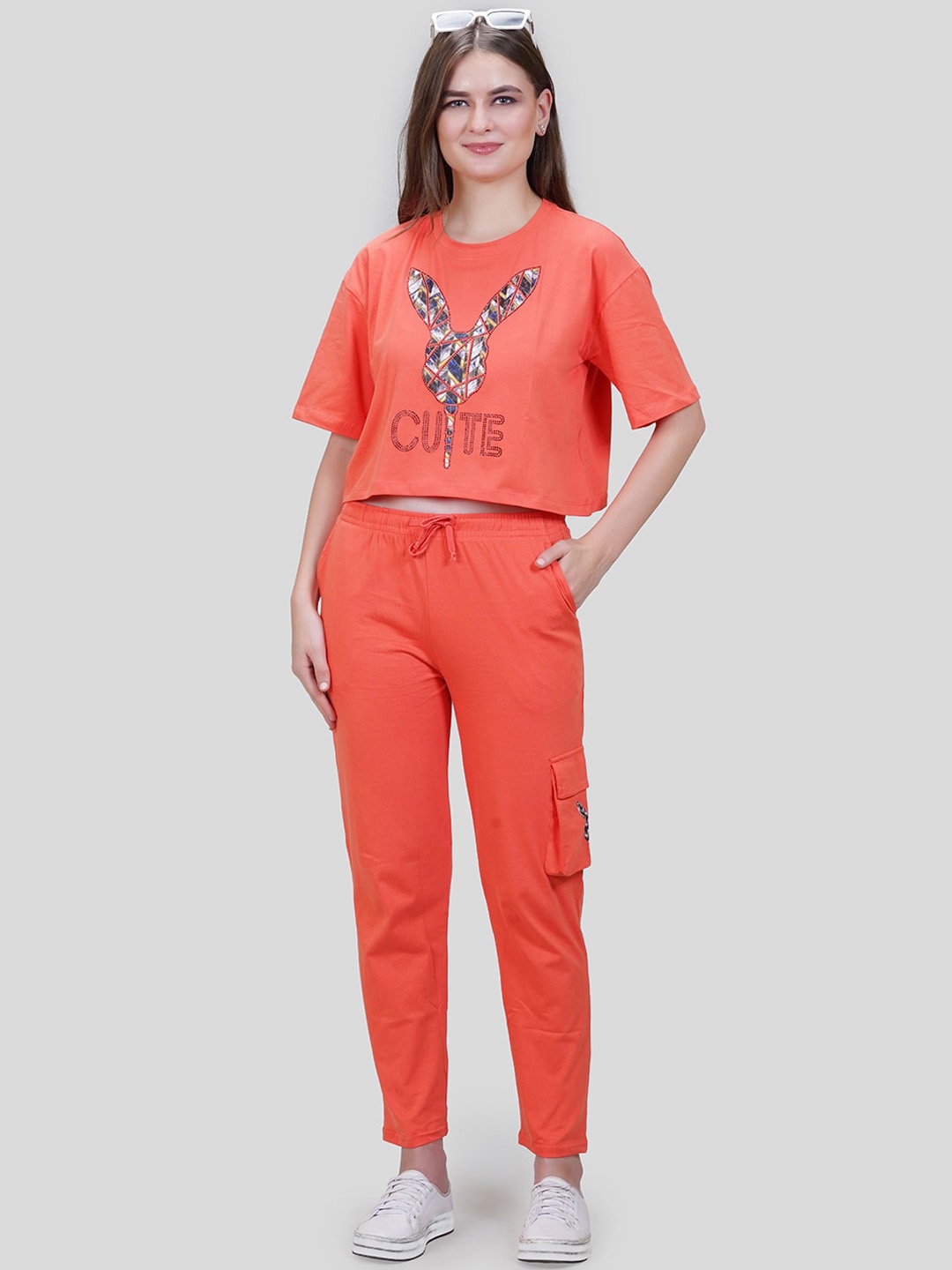 

She N She Printed Round Neck Cotton Lycra Co-Ord Set, Orange