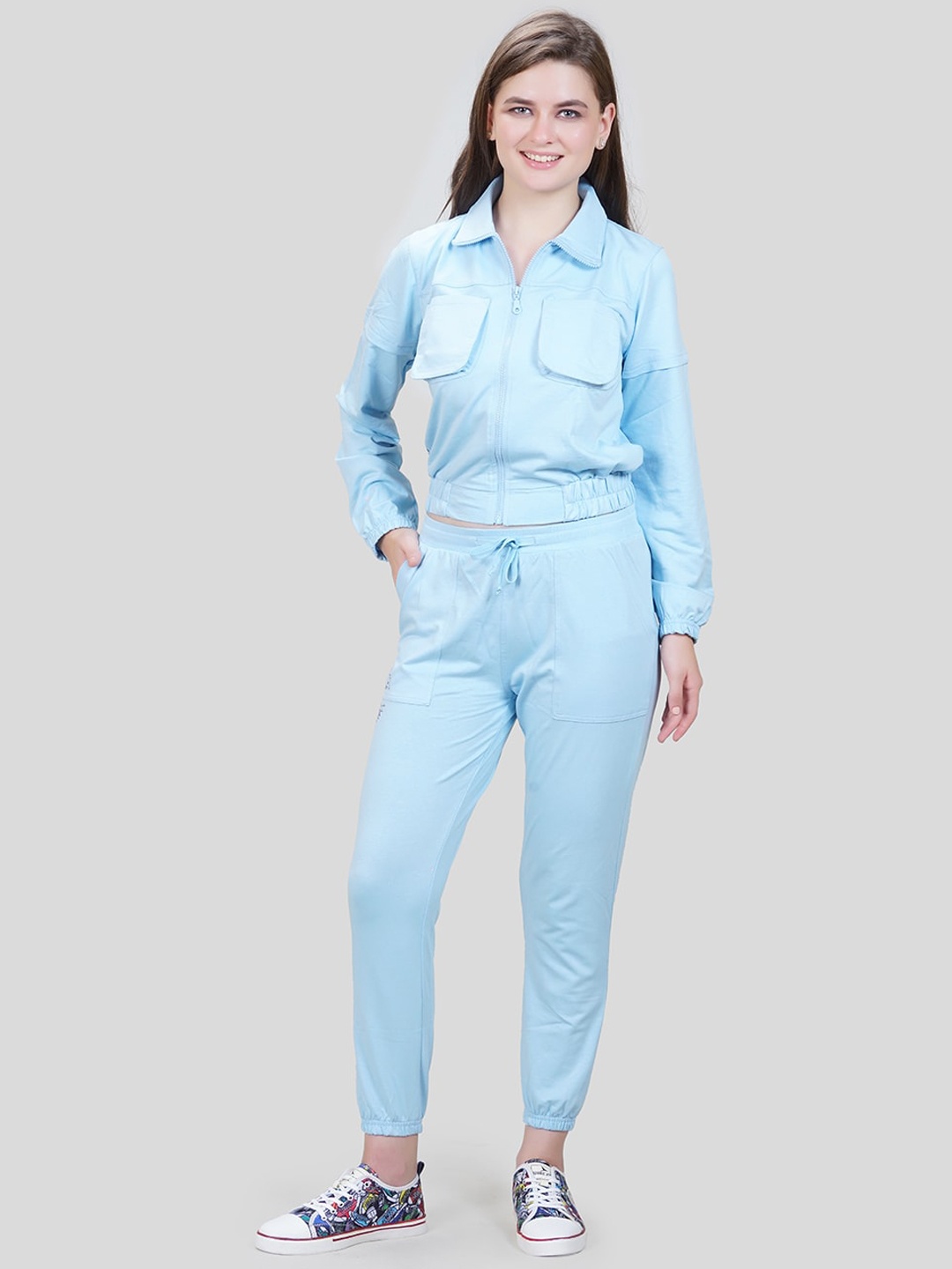 

She N She Shirt Collar Crop Shirt With Joggers Co-Ords, Turquoise blue