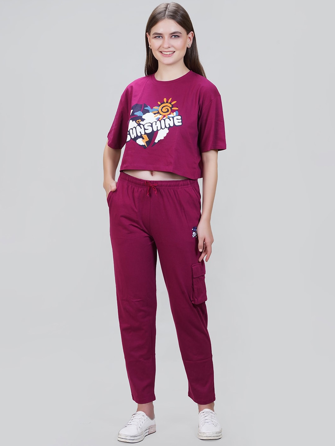 

She N She Graphic Printed Cotton Lycra Crop Top & Trousers, Burgundy