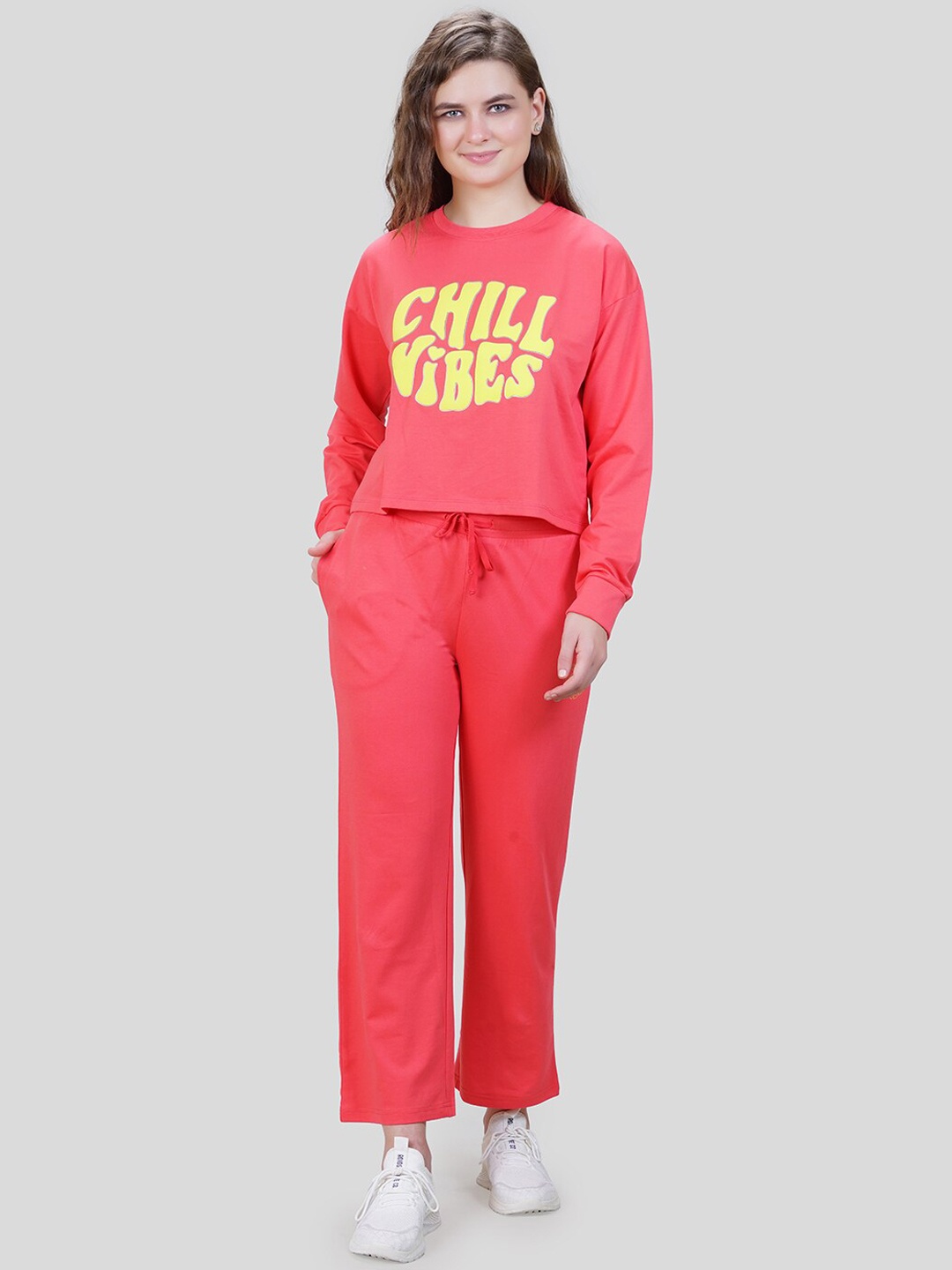 

She N She Printed Round Neck Crop Chill Vibes Print Tshirt & Trackpant Co-Ords, Orange