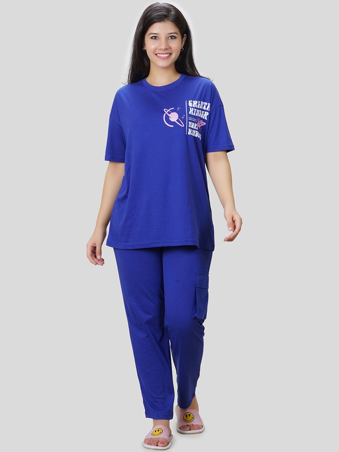 

She N She Oversized Tshirt With Pants Co-ords, Blue