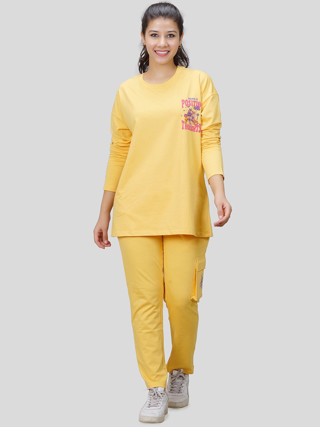

She N She Graphic Printed Round-Neck T-Shirt With Trouser Co-Ords, Yellow