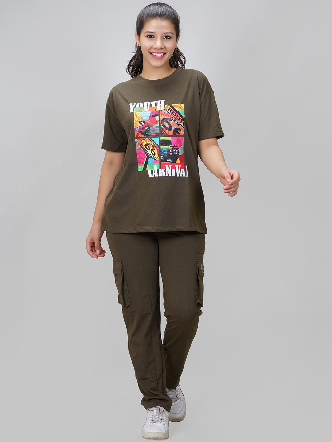 

She N She Printed Oversized Hosiery Co-Ords Set, Olive