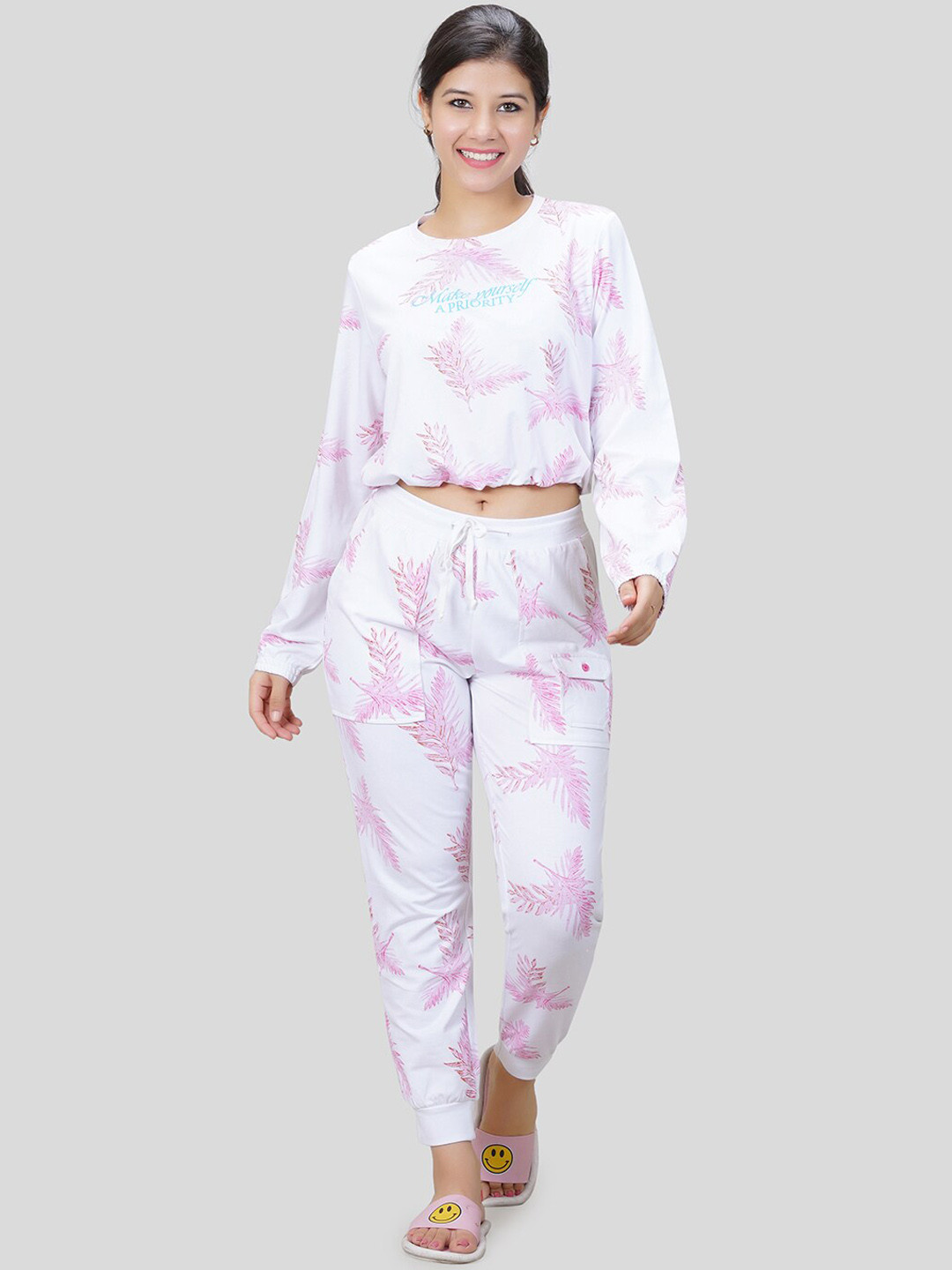 

She N She Tropical Print Crop T-shirt With Joggers Co-Ords, Pink
