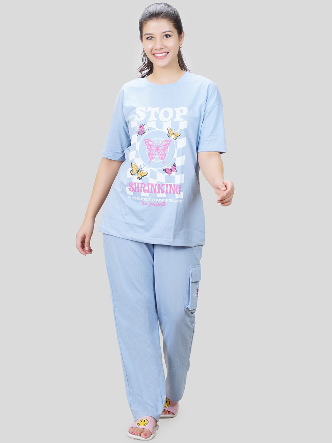 

She N She Typography Oversized Hosiery Co-Ords Set, Blue