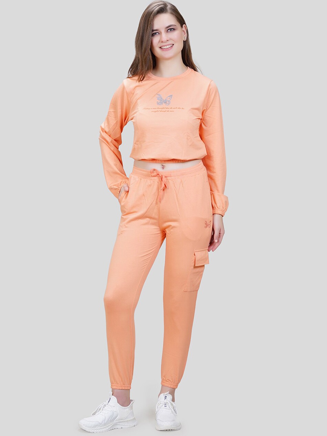 

She N She Printed Round Neck Hosiery Crop Top with Joggers, Peach