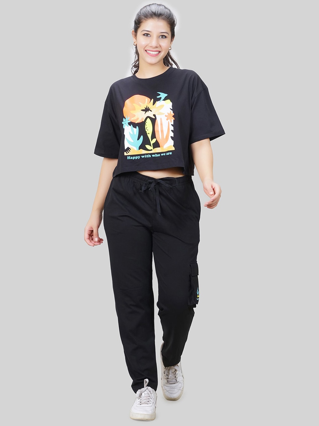 

She N She Printed Oversized Cotton Lycra Co-Ord Set, Black