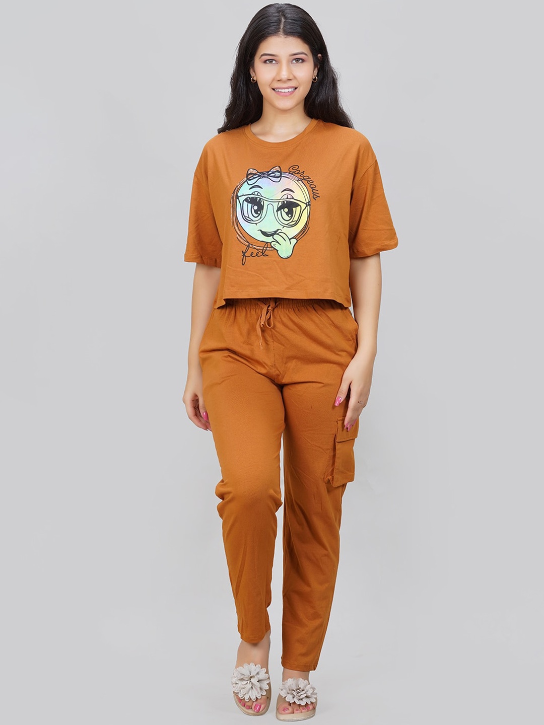 

She N She Graphic Printed Night suit, Tan