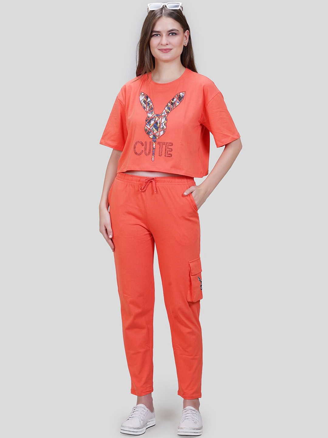 

She N She Graphic Printed Cotton Lycra Co-Ords Set, Orange