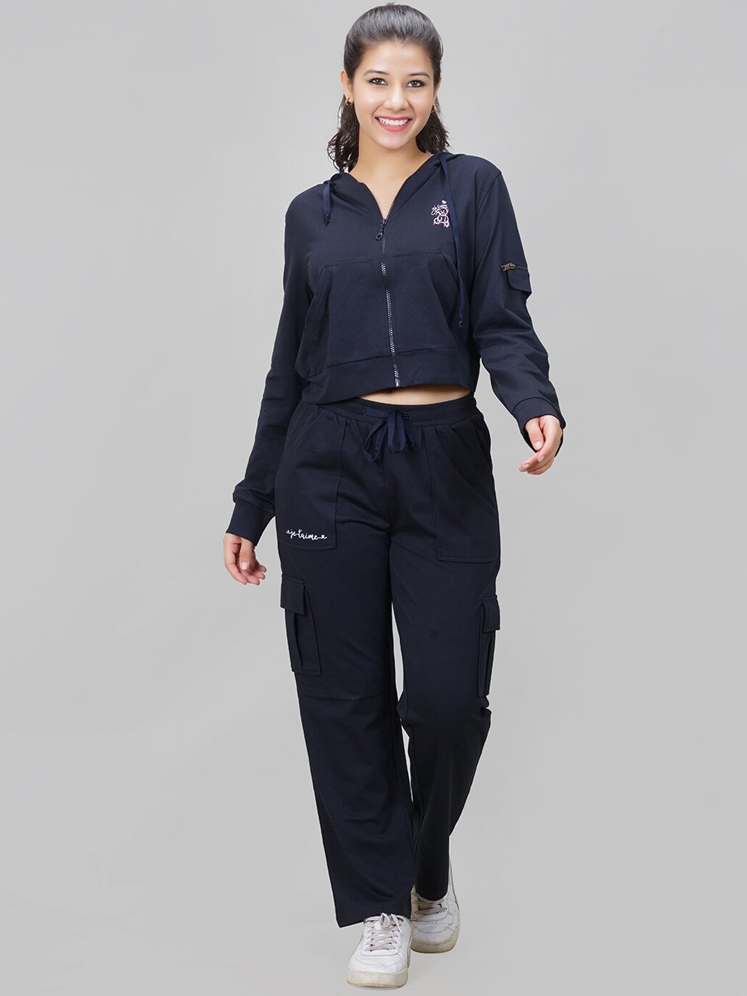 

She N She Hooded Crop Sweatshirt With Trousers Co-Ords, Navy blue