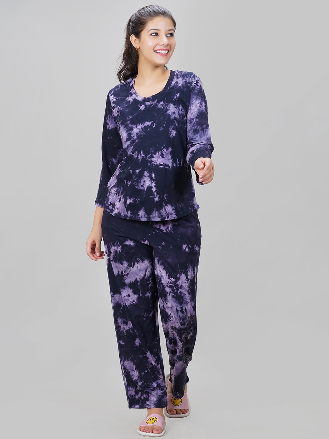 

She N She Hosiery Tie & Dye Night Suit, Navy blue
